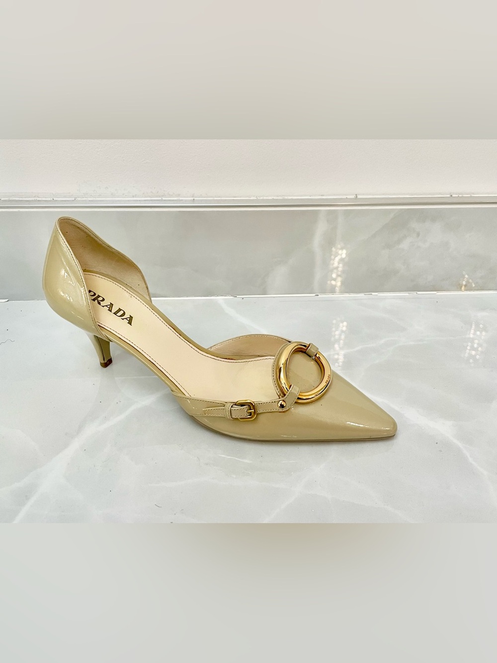 Prada Beige Patent Leather Pointed Toe Pumps with Gold Ring - Picture 2 of 5